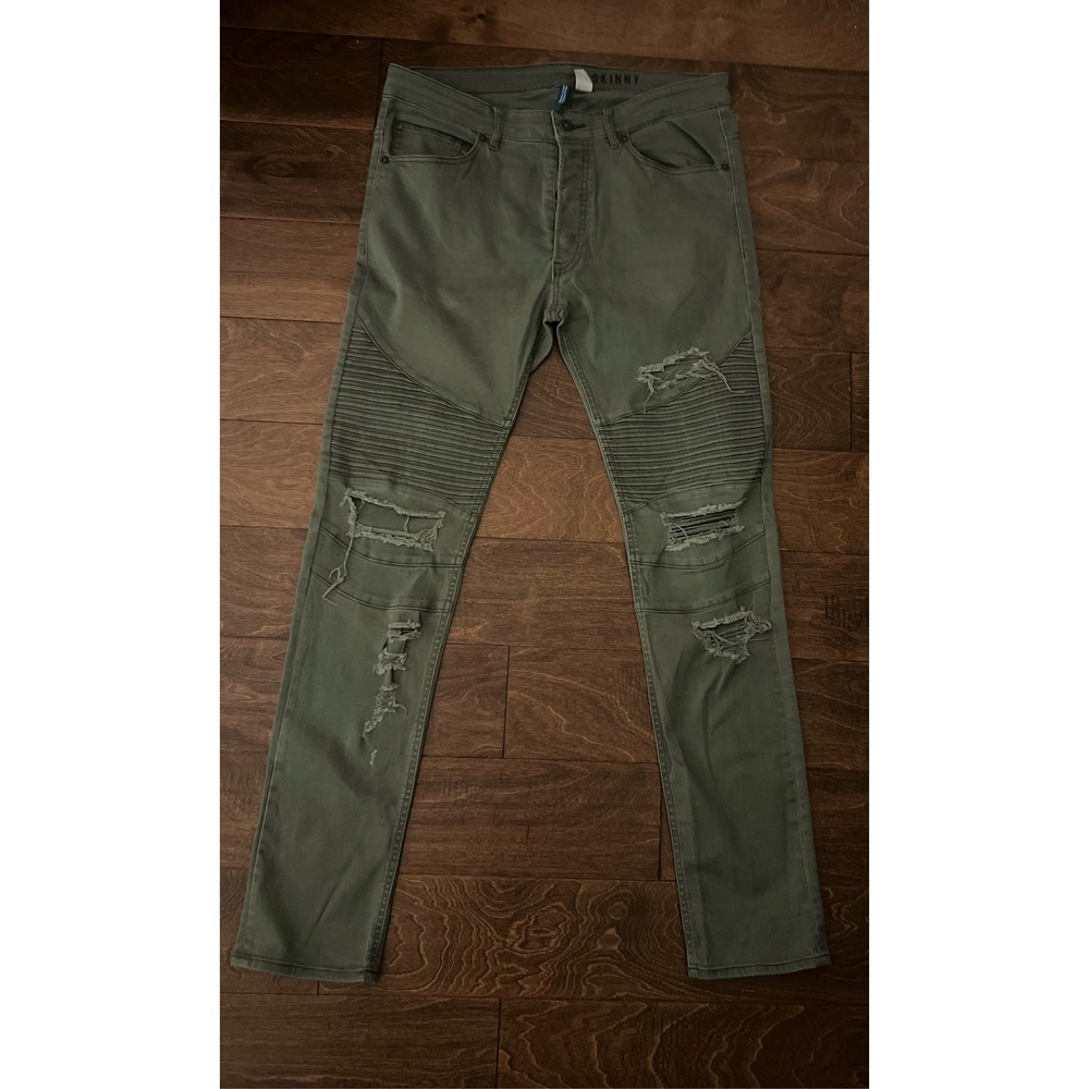H&M Divided Skinny Moto Jeans Mens 34 Green Distressed Biker Ribbed